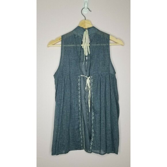 Ryu 100% Cotton Blue Semi Transparent Lace Accent Open Lower Back Blouse Size S - Picture 7 of 12